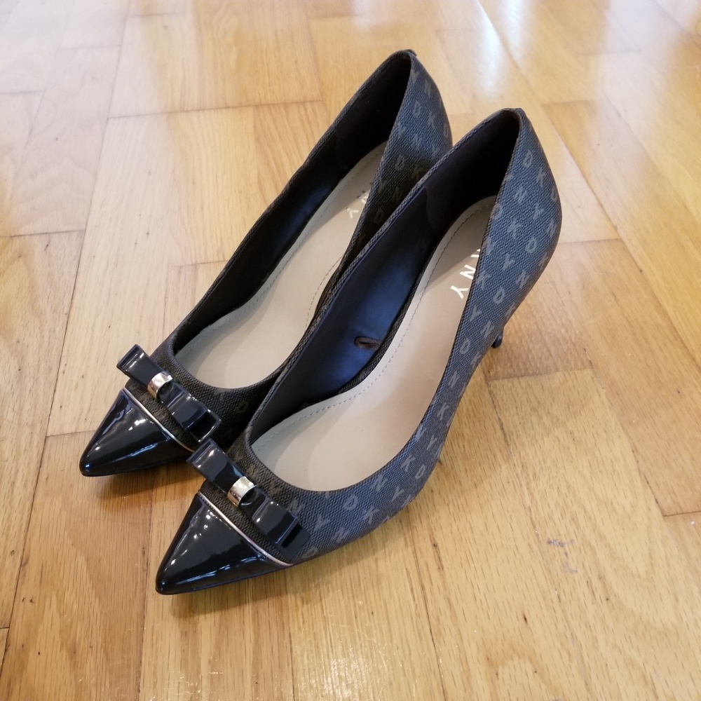 DKNY Patent Bow Monogrammed Leather Pumps